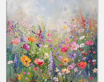 Puede incluir: Pintura al óleo original de un vibrante prado de flores silvestres. La obra presenta una variedad de flores coloridas en tonos de rosa, naranja, rojo, morado y blanco, sobre un fondo verde y azul. La pintura evoca una sensación de naturaleza y tranquilidad.