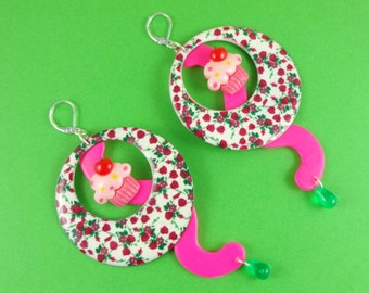 Rose Cupcake Earrings - big statement earrings, floral hoops, red green pink, cute cup cakes, Sweet Lolita, hot pink neon pink, kitsch loud