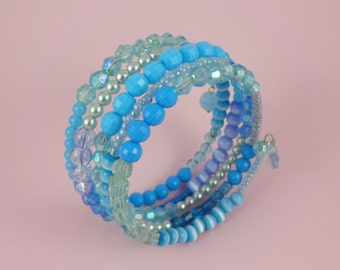 Aqua Memory Wire Bracelet - turquoise blue, mixed beads, stacked coils bangle, ocean sea water, boho bohemian hippie, Sea Punk mermaid