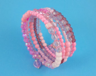 Pink Memory Wire Bracelet - Stacked Coil, Wrap Around Bangle, Mixed Beads, Shades of Pink, girly cute kawaii, Sweet Lolita, pastel candy fun