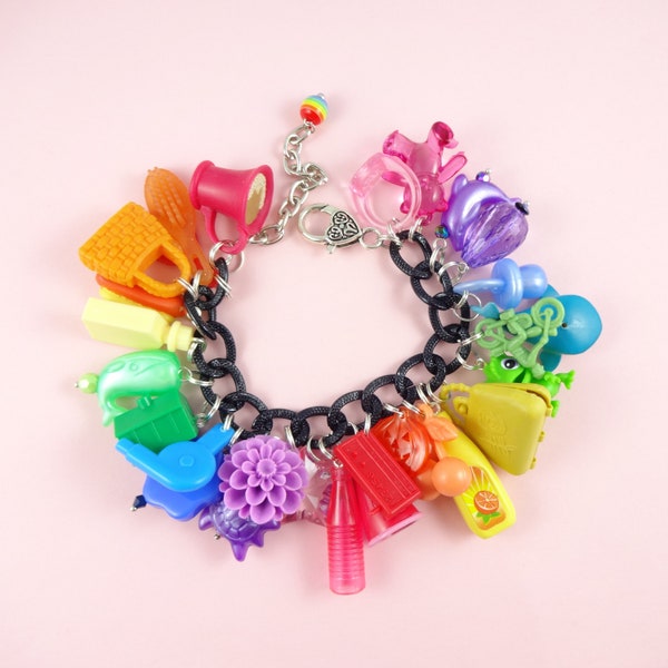 Rainbow Chunky Charm Bracelet - big black chain loaded with mini toys trinkets - kitsch colourful, statement bracelet, Harajuku Decora