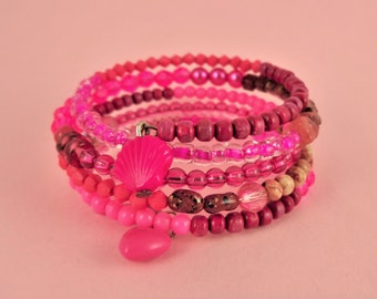 Hot Pink Memory Wire Bracelet - Stacked Coil, Wrap Around Bangle, Mixed Beads, Shades of Pink, girly cute kawaii, beaded bracelet, bright