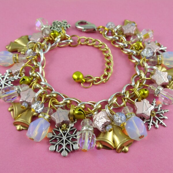 Pastel Snowflakes and Jingle Bell Christmas Charm Bracelet - golden bells, pink stars, vintage brass charms, silver snowflakes, pastel beads
