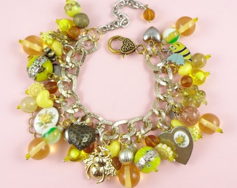 Bee Themed Charm Bracelet - Gold Silver Yellow, Loaded, Vintage Style, Cottage Granny Chic, flowers insects, bee lovers gift, summer jewelry