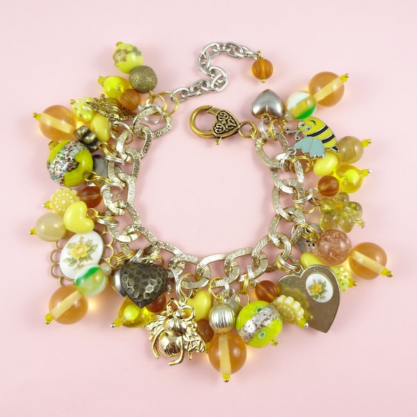 Bee Themed Charm Bracelet - Gold Silver Yellow, Loaded, Vintage Style, Cottage Granny Chic, flowers insects, bee lovers gift, summer jewelry