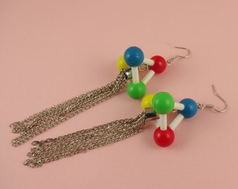 Colourful Molecule Earrings - plastic earrings in red, yellow, blue and green - primary colours - repurposed recycled toys - unusual unique