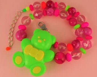 Huge Teddy Necklace -  neon green and yellow bear, chunky beads, statement necklace, retro cute kitsch, fluorescent UV light, fun and quirky