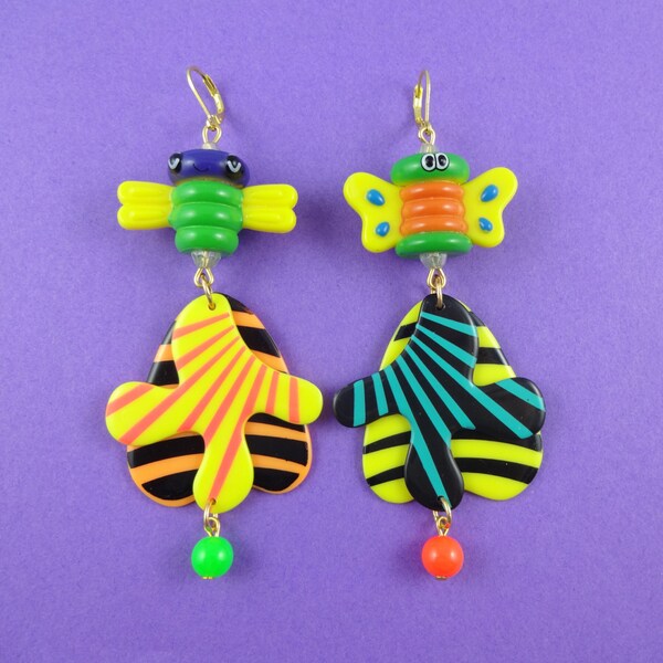 Big Crazy Bug Earrings - dangly dragonfly and butterfly earrings, repurposed toys, colourful bright, nu rave, Harajuku Decora, unique funky