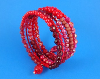 Red Memory Wire Bracelet - stacked coils bangle, shades of red, wrap around bracelet, layered beaded look, boho hippy tribal, hot vibrant