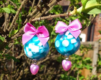 Pink & Blue Big Bauble Earrings with Bows and Hearts - Large, chunky earrings - Cute, girly, Sweet Lolita, Fairy-Kei, candy colours, kitsch