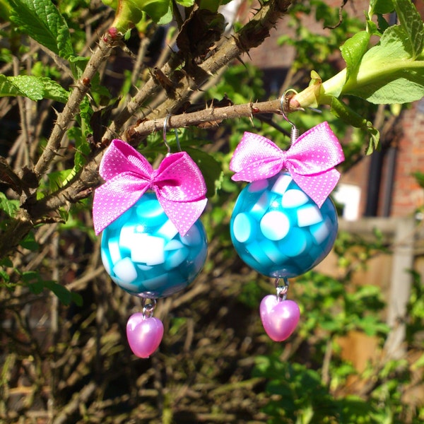 Pink & Blue Big Bauble Earrings with Bows and Hearts - Large, chunky earrings - Cute, girly, Sweet Lolita, Fairy-Kei, candy colours, kitsch