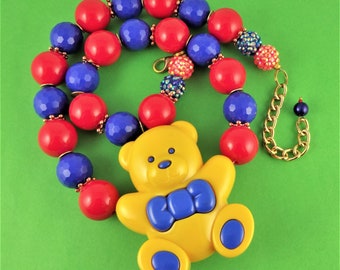 Huge Teddy Necklace - oversized colourful kitsch bear necklace - primary colours, bright bold statement necklace - red yellow blue big large