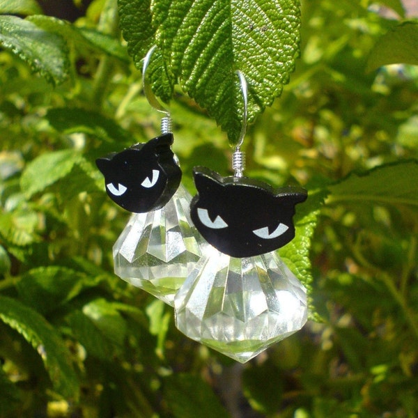 Evil Kitty Face Earrings - Black cat buttons and plastic clear crystal drops - Halloween jewellery for a witch or black cat lover or owner