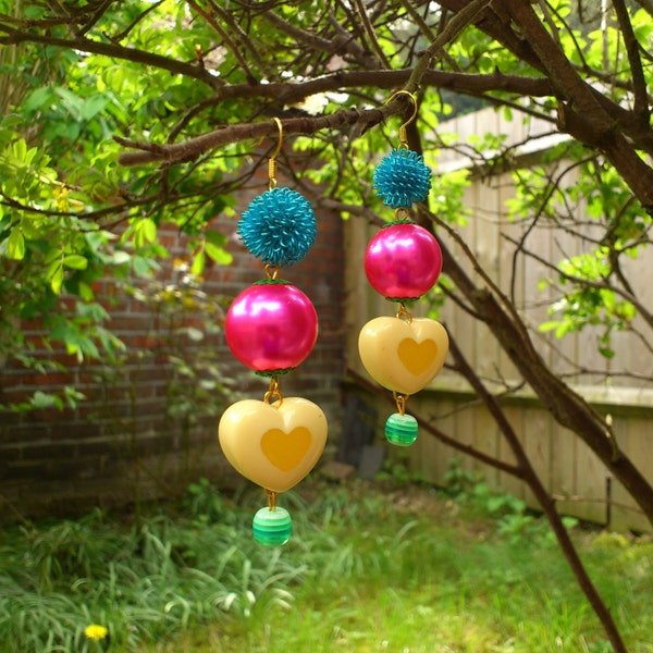 Dangly Chunky Colourful Bauble Earrings in Candy Colours - Turquoise Blue, Hot Pink, Yellow and Green - Big, colourful, gumball jewellery