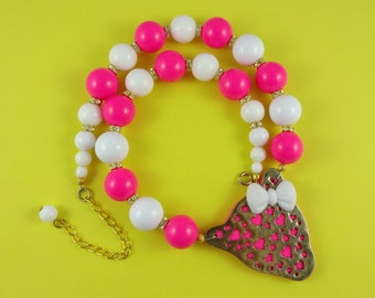 Hot Pink Leopard Face Necklace - pink and white, chunky beads, kitsch cute bold, golden cat face, kawaii bow, neon pink, fluorescent pink