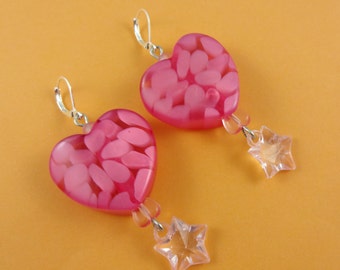 Big Pink Heart Earrings - chunky lucite beads, candy pink hearts, Fairy-Kei Fairy Kei, Sweet Lolita, retro kitsch cute, Valentine's Day