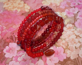 Red Memory Wire Bracelet - Wrap Around, Stacked Coils Bangle with Mixed Beads in Shades of Red - Hot, Summery, Spicy, Warm, Boho, Folk