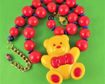 Teddy Bear Necklace - Huge, plastic toy beaded necklace in Primary Colours - retro kitsch colourful cute big oversized unique one of a kind