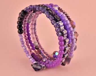 Purple Memory Wire Bangle - Stacked beaded coils bracelet with mixed beads in purple, mauve and lilac - boho gypsy wrap around layered look