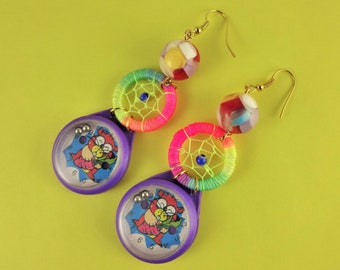 Large Colourful Kitsch Earrings - toy watch faces clocks puzzles rainbow dreamcatchers dream catchers - bright novelty unusual bold unique