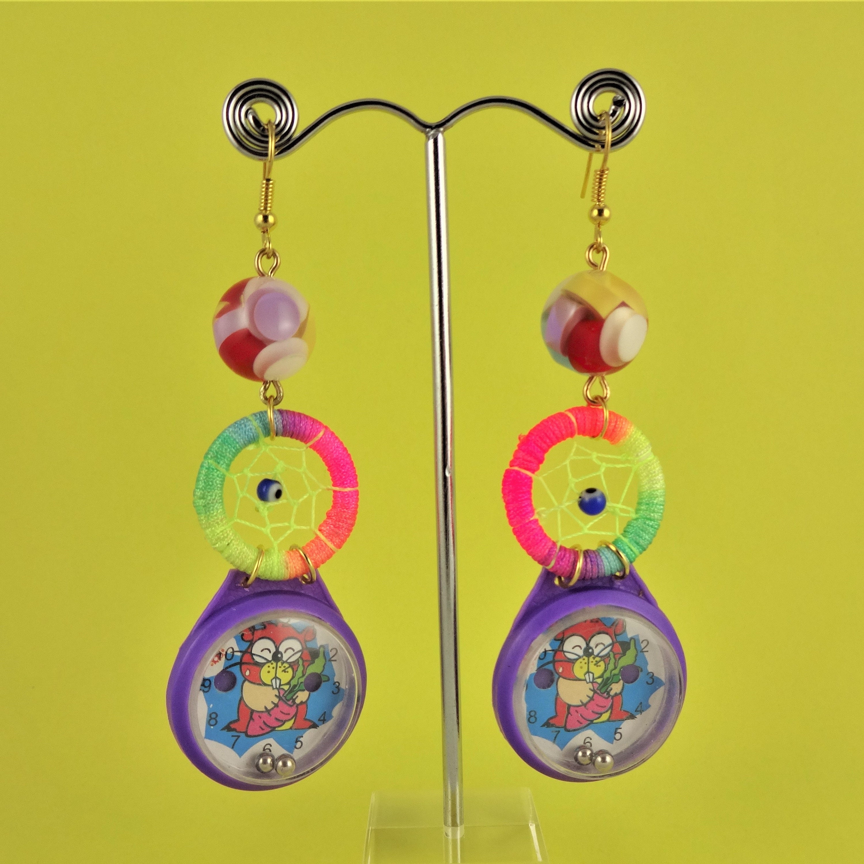 Large Colourful Kitsch Earrings Toy Watch Faces Clocks Puzzles Rainbow