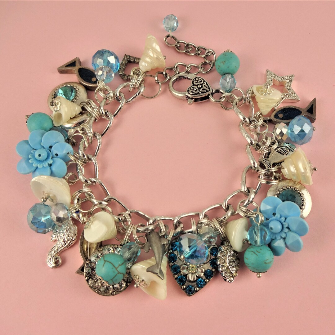 Turquoise Blue Charm Bracelet Ocean Theme, Mermaid Fish Sea Shells
