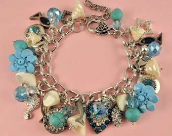 Turquoise Blue Charm Bracelet - ocean theme, mermaid fish sea shells, dolphins seahorse - silvertone aqua, hearts, upcycled vintage