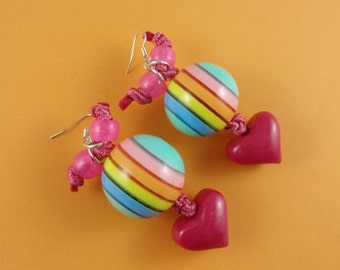 Rainbow Bauble Earrings - big stripy bead, bright pink heart, pastel color, Harajuku Decora, Fairy-Kei, kawaii cute kitsch, pink and rainbow