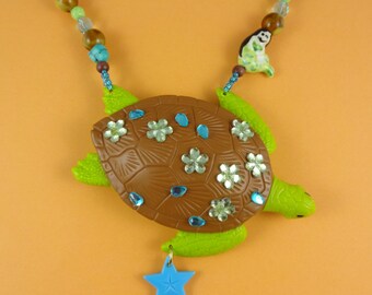 Big Turtle and Mermaid Necklace - chunky toy turtle - green turquoise brown beads - kitsch statement necklace - Harajuku Decora - cute fun!