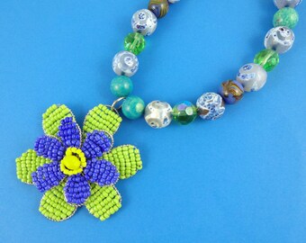 Blue and Green Beaded Flower Statement necklace - large big novel hippy hippie flower power retro