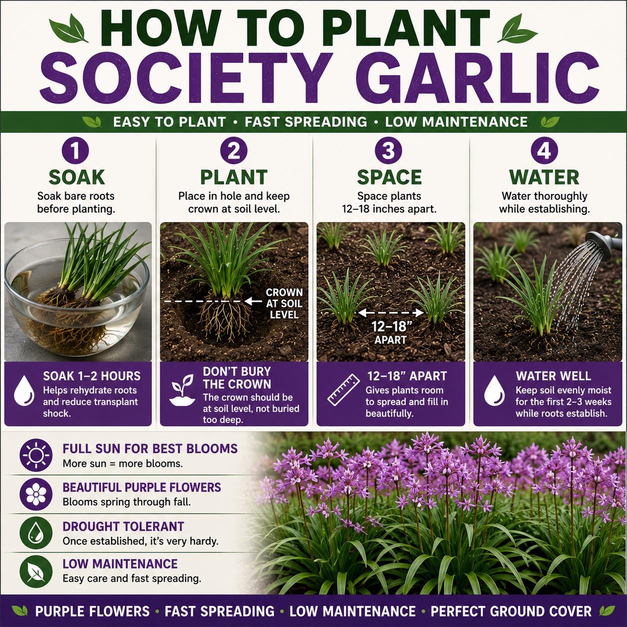 25 Society Garlic Bare Root Plants – Fast Spreading Purple Blooms