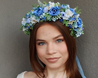 Blue flower crown  Floral wedding hair wreath Bridal flower crown