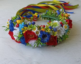 Ukrainian flower crown with ribbons, Red poppy bridal hair wreath, Floral Ukrainian vinok, Flower Ukrainian headband, Traditional vinok