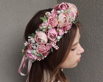 Flower crown, Wide pink flower crown, Flower girl crown, Flower headband