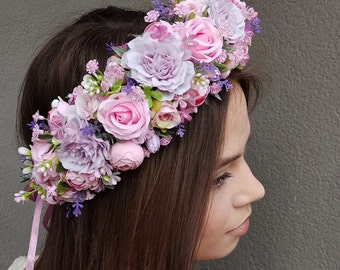 Wide flower crown,Wide pink flower crown, flower hedband Flower girl crown