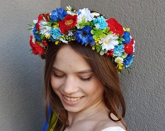 Ukrainian flower crown with ribbons, Red poppy bridal hair wreath, Floral Ukrainian vinok, Flower Ukrainian headband, Traditional vinok