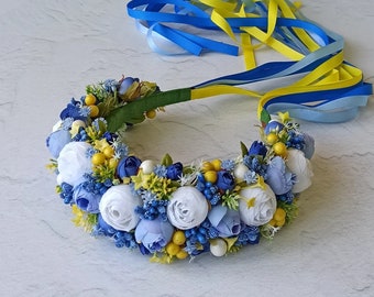 Ukrainian flower crown, Blue and yellow headband, Floral wedding hair wreath