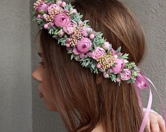 Pink flower crown, Flower headband, Flower girl crown, Flower wreath