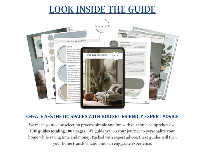 May include: Three comprehensive PDF guides totaling 100+ pages offer expert advice for color selection.  The guides feature paint palettes in various shades of green, blue, and beige.  They showcase interior design inspiration with images of living rooms and nature scenes.  The text 'LOOK INSIDE THE GUIDE' and 'CREATE AESTHETIC SPACES WITH BUDGET-FRIENDLY EXPERT ADVICE' is also visible.