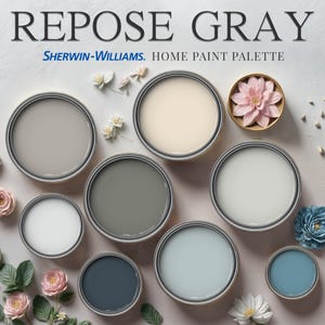May include: A collection of paint can lids in various shades of grey, blue, and white, arranged on a light pink surface with decorative flowers and other accents. The text "REPOSE GRAY SHERWIN-WILLIAMS. HOME PAINT PALETTE" is at the top of the image.
