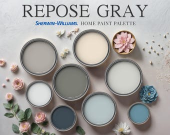 May include: A collection of paint can lids in various shades of gray, blue, and white, arranged on a light pink surface with decorative flowers and other accents. The text "REPOSE GRAY SHERWIN-WILLIAMS. HOME PAINT PALETTE" is at the top of the image.