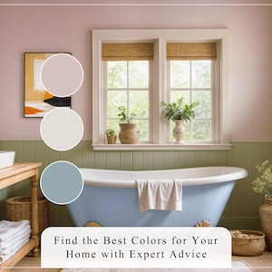 K&ouml;nnte beinhalten: Ein Badezimmer mit einer hellblauen Badewanne, einem Holzwaschtisch und einem Fenster mit nat&uuml;rlichem Licht. Die W&auml;nde sind in Rosa- und Gr&uuml;nt&ouml;nen gestrichen. Das Bild enth&auml;lt eine Farbpalette mit drei Farbfeldern und dem Text: Find the Best Colors for Your Home with Expert Advice.