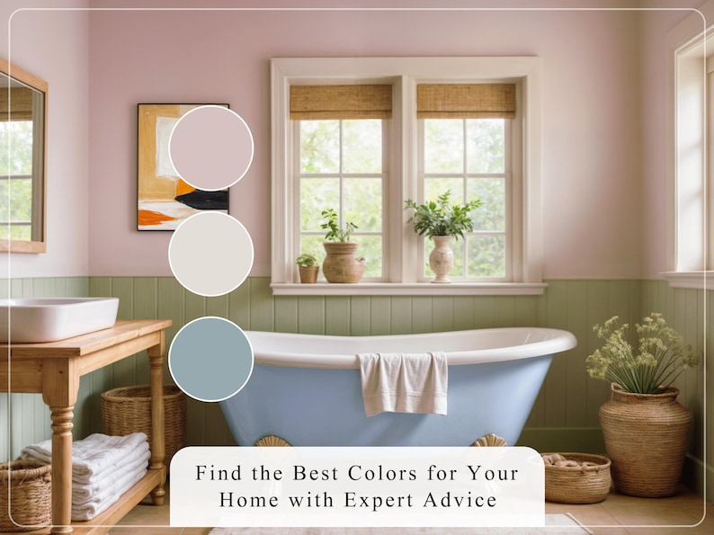 K&ouml;nnte beinhalten: Ein Badezimmer mit einer hellblauen Badewanne, einem Holzwaschtisch und einem Fenster mit nat&uuml;rlichem Licht. Die W&auml;nde sind in Rosa- und Gr&uuml;nt&ouml;nen gestrichen. Das Bild enth&auml;lt eine Farbpalette mit drei Farbfeldern und dem Text: Find the Best Colors for Your Home with Expert Advice.