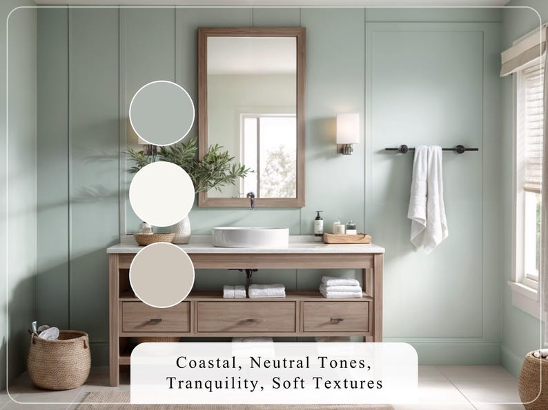 Puede incluir: Un ba&ntilde;o con una pared verde claro, un tocador de madera con un lavabo blanco, un espejo y un toallero. El tocador tiene tres cajones y dos estantes. Los estantes est&aacute;n llenos de toallas. El tocador est&aacute; hecho de madera con un acabado marr&oacute;n claro. El ba&ntilde;o tambi&eacute;n tiene una cesta de mimbre y una planta. El texto en la imagen dice "Coastal, Neutral Tones, Tranquility, Soft Textures".