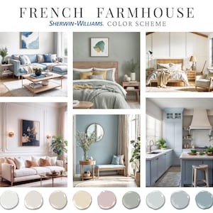 K&ouml;nnte beinhalten: Ein Moodboard mit dem Titel "FRENCH FARMHOUSE" von Sherwin-Williams. Das Bild zeigt Innenraumszenen von Wohnzimmern, Schlafzimmern und K&uuml;chen, die eine Palette aus sanften Blau-, Gr&uuml;n- und neutralen T&ouml;nen pr&auml;sentieren. Farbmuster sind unten abgebildet.