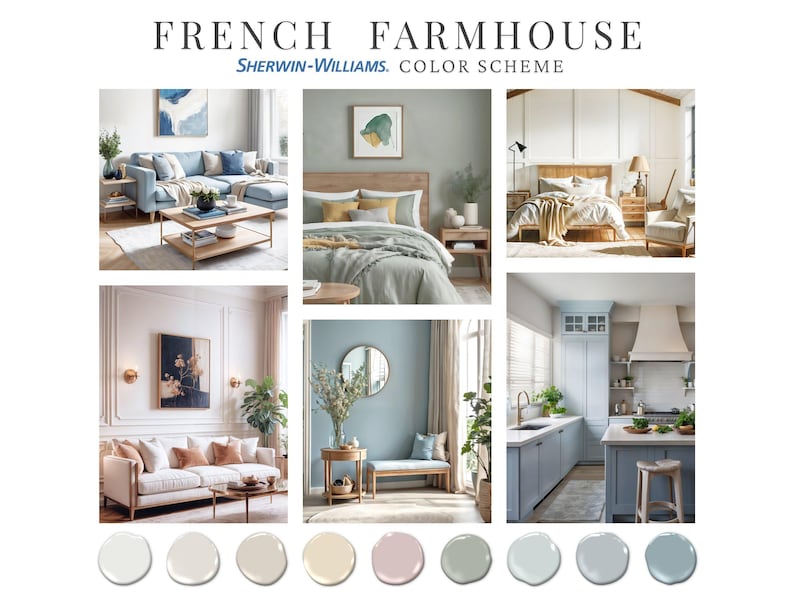 K&ouml;nnte beinhalten: Ein Moodboard mit dem Titel "FRENCH FARMHOUSE" von Sherwin-Williams. Das Bild zeigt Innenraumszenen von Wohnzimmern, Schlafzimmern und K&uuml;chen, die eine Palette aus sanften Blau-, Gr&uuml;n- und neutralen T&ouml;nen pr&auml;sentieren. Farbmuster sind unten abgebildet.