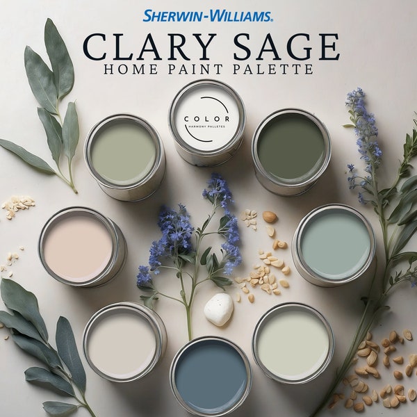Clary Sage Home Paint Palette, Sherwin Williams 2024 Inspired, Whole House Color Scheme, Trendy Interior Paint Design, Farmhouse & Cottage