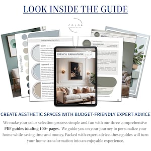 K&ouml;nnte beinhalten: Ein Tablet mit einem "French Farmhouse" Design-Guide, umgeben von gedruckten Farbpaletten-Guides. Der Text "LOOK INSIDE THE GUIDE" und "CREATE AESTHETIC SPACES WITH BUDGET-FRIENDLY EXPERT ADVICE" sind ebenfalls zu sehen.