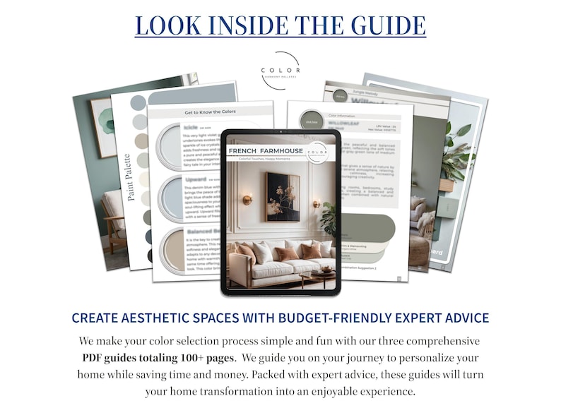 K&ouml;nnte beinhalten: Ein Tablet mit einem "French Farmhouse" Design-Guide, umgeben von gedruckten Farbpaletten-Guides. Der Text "LOOK INSIDE THE GUIDE" und "CREATE AESTHETIC SPACES WITH BUDGET-FRIENDLY EXPERT ADVICE" sind ebenfalls zu sehen.