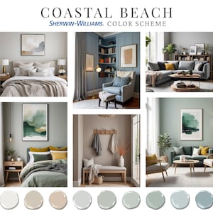 Puede incluir: Un panel de estado de &aacute;nimo del esquema de color "Coastal Beach" de Sherwin-Williams. La imagen presenta escenas de dise&ntilde;o de interiores de habitaciones, incluidos dormitorios y salas de estar, que muestran una paleta de colores neutros e inspirados en la costa. Las muestras de color se muestran en la parte inferior.
